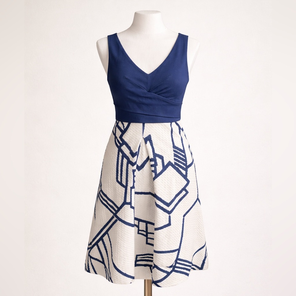 Anthropologie HD In Paris Ardmore Dress Navy White Fit Flare Geometric